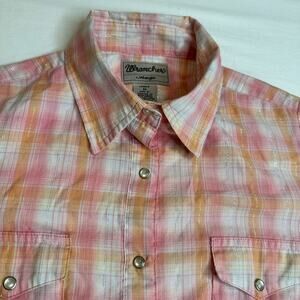 Wrancher Wrangler Women M Pink Orange Pearl‎ Snap Front Top Plaid Short Sleeve